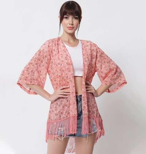 Women Pink & White Floral Printed Tasselled High-Low Longline Shrug